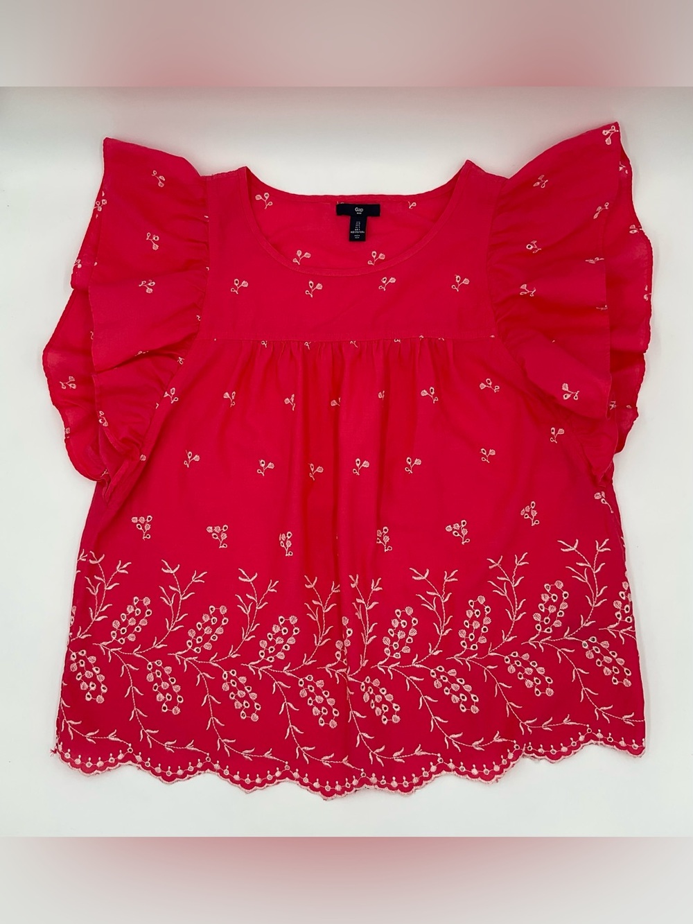 GAP Bright Pink Lightweight Cotton Flutter Sleeve Eyelet Embroidered Top Size L